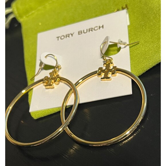 Tory Burch Gold Stacked T Logo Hoop Earrings - Picture 7 of 7